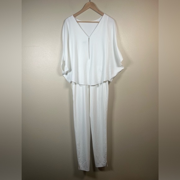 Halston Draped Sleeve Tapered Leg Crepe Jumpsuit White Size 0 - Picture 9 of 16